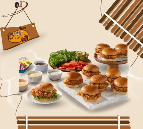 DIY station for fried chicken sandwiches with toppings