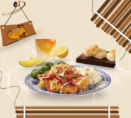 Cracker Barrel homestyle fried chicken with rich toppings