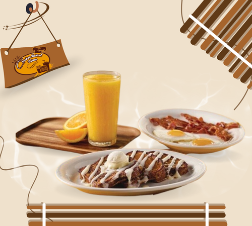 Cinnamon swirl French toast breakfast with eggs and bacon