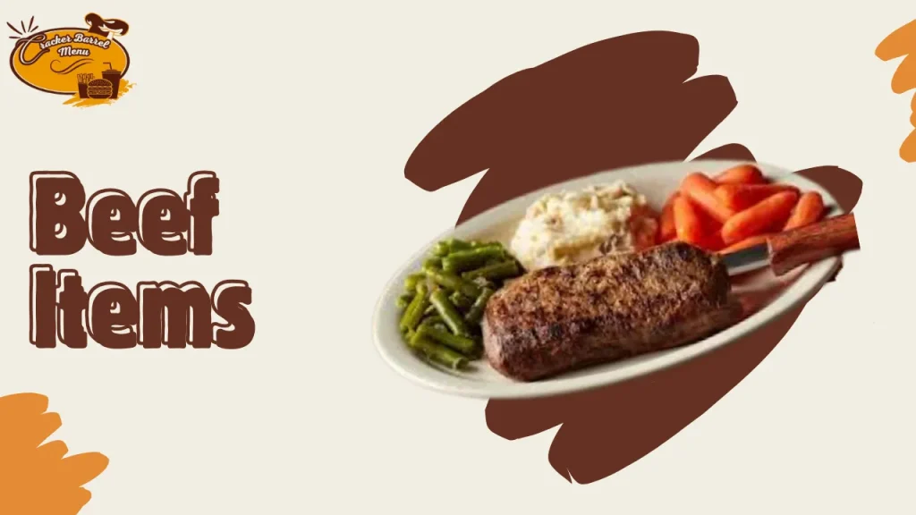 Complete beef dinner favorites with prices and calories