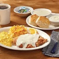 Traditional Southern fried breakfast with biscuits and gravy