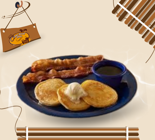 Light golden pancakes with bacon kids breakfast item

