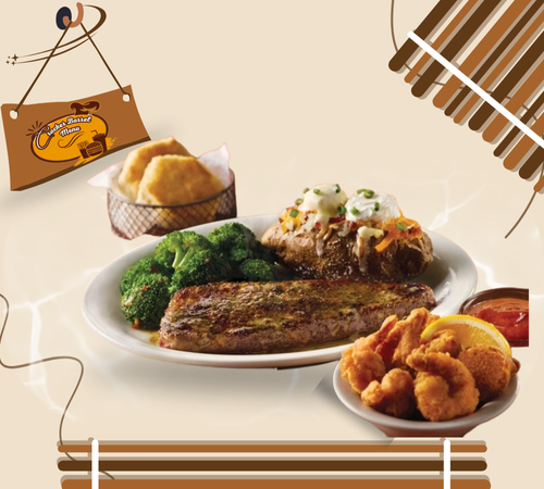 Cracker Barrel New York strip steak with shrimp, sides, and cornbread on plate