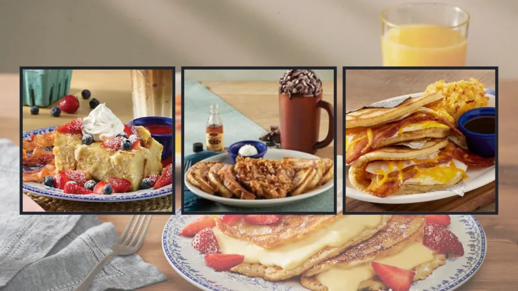 Fluffy pancakes with syrup, eggs, and sausage served on a Cracker Barrel breakfast platter