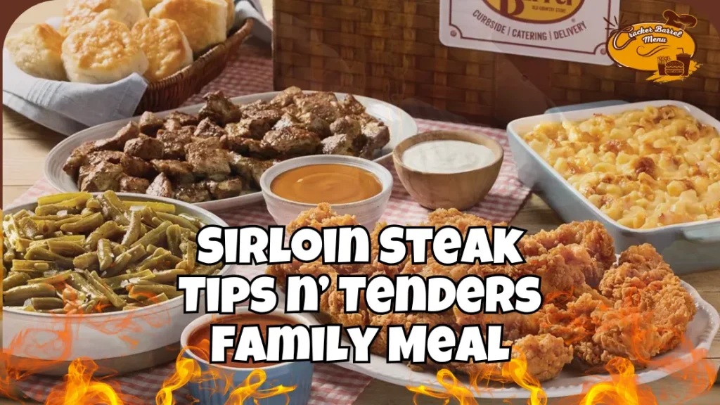 Cracker Barrel family meal with grilled chicken tenders, steak tips, and biscuits