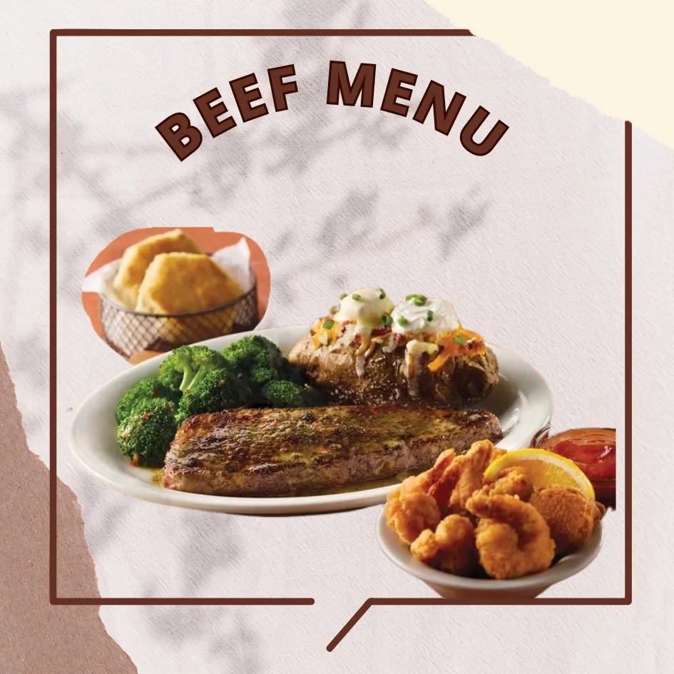 Full selection of Cracker Barrel beef dishes served with classic country sides