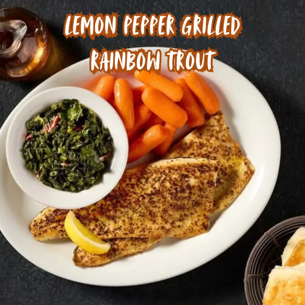 Plate of Lemon Pepper Rainbow Trout with vegetables and biscuits